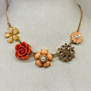 🌸 Liz Claiborne Gold-Tone, Pink Enamel Floral Statement Necklace with Crystals